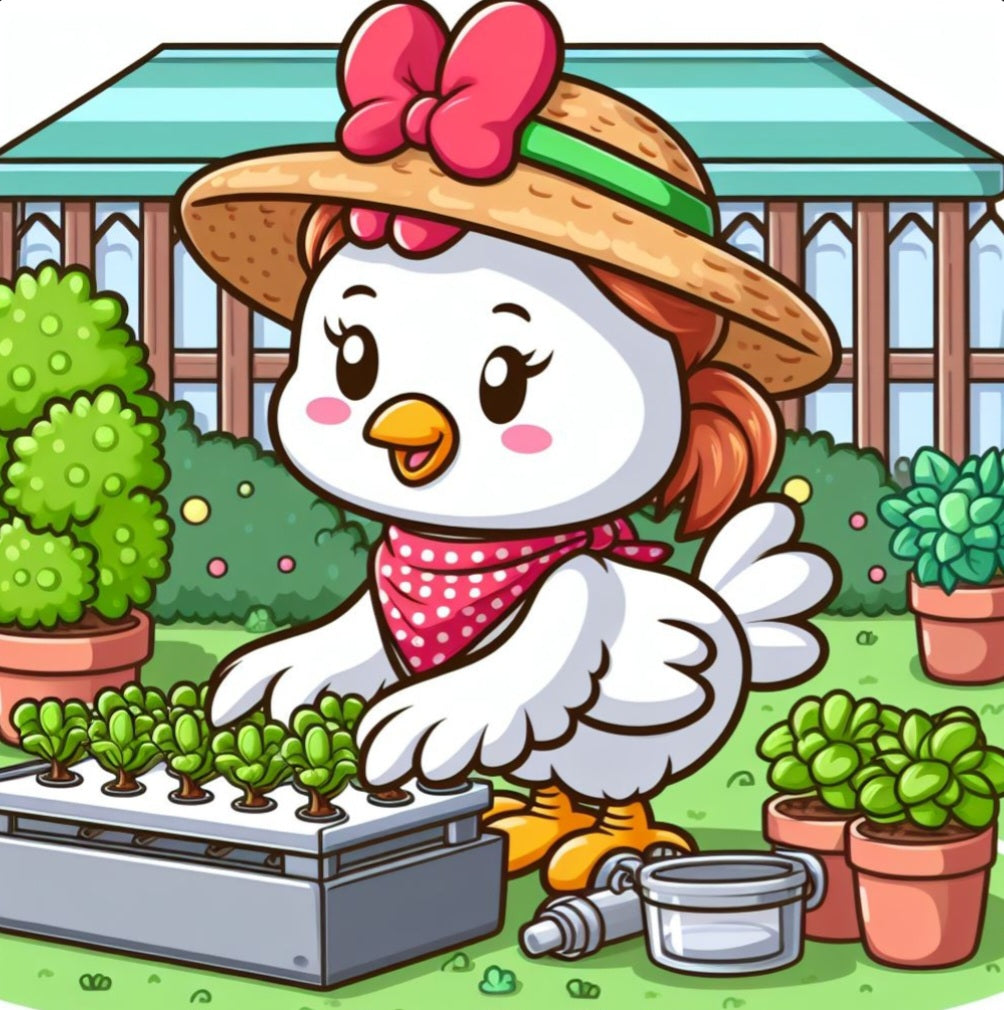 Cartoon of chicken working on her hydroponic garden
