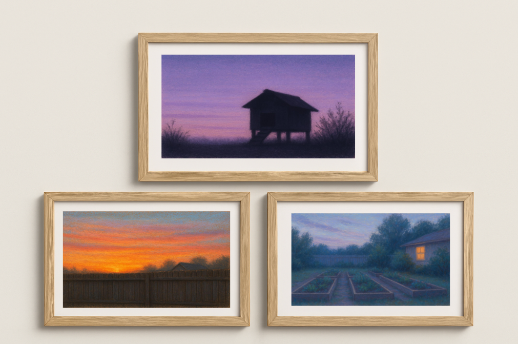 Backyard Evenings Wall Art Set – Calm Suburban Garden Pastel Print Bundle