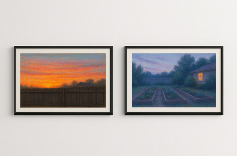Backyard Evenings Wall Art Set – Calm Suburban Garden Pastel Print Bundle